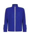 The Finden & Hales LV873 is a blue track jacket featuring a high collar and white zipper. It has long sleeves with white stripes along the shoulders and sides, as well as zippered pockets on each side.