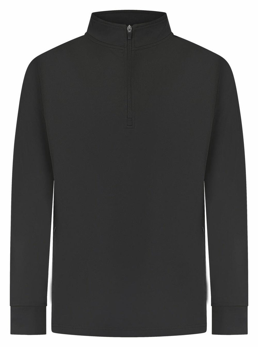 The LV874 from Finden & Hales is a black zip-up pullover featuring long sleeves and a high collar, complete with a half-zip closure extending from the collar. Its simple and versatile design makes it ideal for both casual and athletic wear.