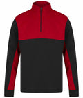 The Finden & Hales LV874 is a long-sleeve pullover featuring a red and black design, a quarter zip, and a high collar.
