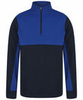 Introducing the LV874 from Finden & Hales: a long-sleeve half-zip pullover designed with a stylish two-tone look. The top portion and collar are in blue, while the lower section and sleeves feature a dark navy color. It also includes two discreet side pockets for added functionality.
