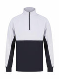 The LV874 by Finden & Hales is a stylish long-sleeve pullover featuring a striking color-blocked design with a white top half and black bottom half. It includes a convenient half-zip design and sleek black side panels, making it suitable for both casual and athletic wear.