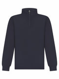 The LV875 by Finden & Hales is a plain dark navy blue quarter-zip sweatshirt featuring long sleeves and a high collar, showcased against a white background. The zipper is partially open, giving the sweatshirt an understated and unembellished appearance.