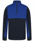 Introducing the Finden & Hales LV875: a long-sleeve pullover jacket featuring a sleek half-zip design. It boasts a stylish royal blue top section and sleeve accents, contrasted by a black bottom section and the remainder of the sleeves. The jacket is completed with a raised collar and smooth fabric finish.