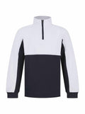 Introducing the LV875 by Finden & Hales, a high-neck jacket featuring long sleeves and a front zipper. The upper section and sleeves are white, contrasted with a black lower section for an eye-catching color-block design. Ribbed cuffs ensure a snug fit.