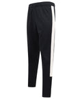 Presenting the Finden & Hales LV881: black athletic pants with a distinctive white vertical stripe along the outer sides, featuring an elastic waistband and a tapered fit towards the bottom.