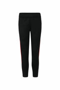 LV883 track pants from Finden & Hales in black, featuring red and white side stripes, displayed on a white background.