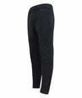 Finden & Hales LV883 black athletic pants featuring an elastic waistband and zippered ankles, displayed from a rear side angle. These pants boast a sleek, tapered design.