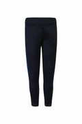 Introducing the Finden & Hales LV883: Black athletic pants with a slim fit design, complemented by a stylish blue stripe along the side. These pants feature an elastic waistband for enhanced comfort, crafted from a smooth, slightly stretchy fabric for optimal performance.
