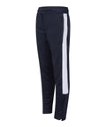 The LV883 athletic pants by Finden & Hales are black with a white vertical stripe on the side. They include an elastic waistband and are crafted from a lightweight, breathable material. The pants have a slightly tapered fit and feature zippers at the ankle.