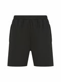 A pair of plain black athletic shorts with an elastic waistband and side pockets, branded as LV886 by Finden & Hales, displayed against a white background.