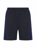 A pair of athletic shorts, model LV886 by Finden & Hales, featuring black fabric with blue side panels and an elastic waistband, displayed against a white background.