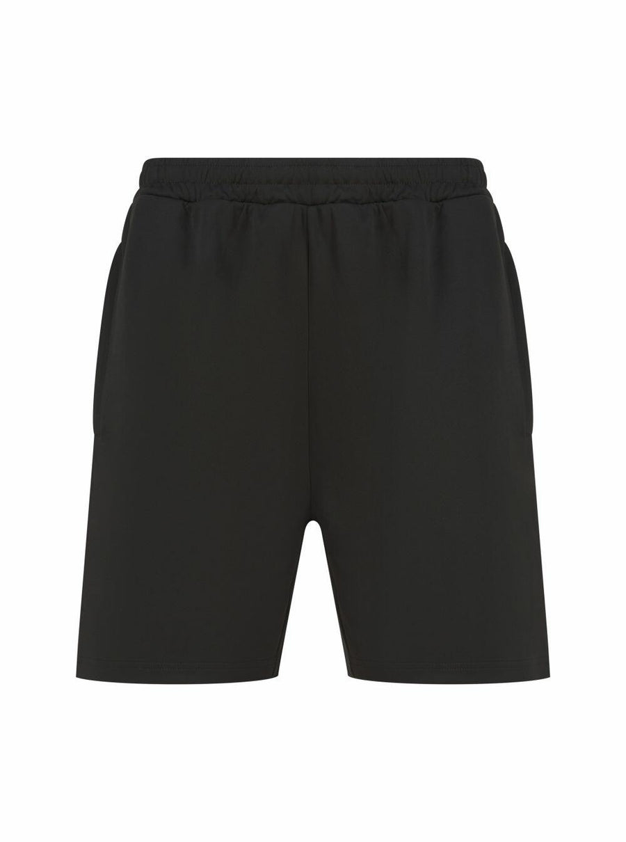 Finden & Hales LV887 shorts in black with an elastic waistband and side pockets showcased on a white background.