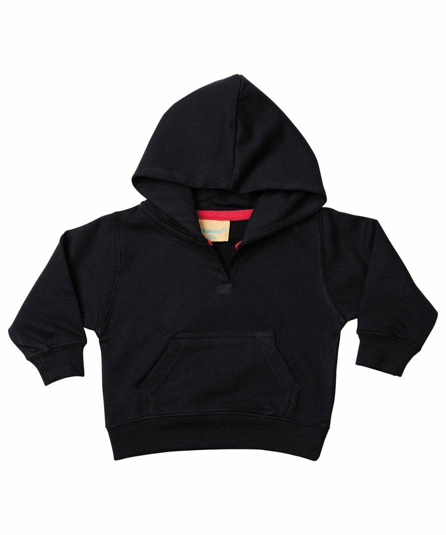 Larkwood's LW02T is a black hooded sweatshirt for children, featuring a front pocket.