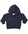 A navy blue toddler hoodie with a front kangaroo pocket and a hood, displayed on a plain white background, is the LW02T by Larkwood.
