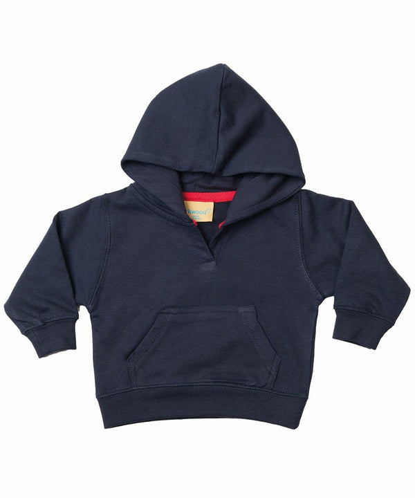A navy blue toddler hoodie with a front kangaroo pocket and a hood, displayed on a plain white background, is the LW02T by Larkwood.