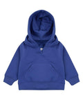 LW02T by Larkwood is a blue hooded sweatshirt featuring a front kangaroo pocket and a V-neckline.
