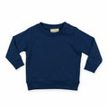 The Larkwood LW06T, a navy blue long-sleeve toddler sweatshirt with button snaps on the shoulder, is displayed laid flat against a white background.