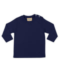 A Larkwood LW21T toddler shirt, featuring long sleeves and a dark blue color with two shoulder buttons, is displayed on a white background.