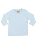 A Larkwood LW21T baby t-shirt in light blue, featuring long sleeves and two buttons on the left shoulder.