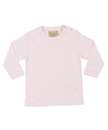 The LW21T by Larkwood is a light pink long-sleeve baby shirt featuring two buttons on the shoulder, displayed flat against a white background.