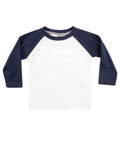 A Larkwood LW25T long-sleeve raglan shirt in white with navy sleeves.