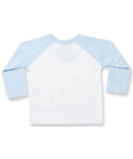 Introducing the Larkwood LW25T, a long-sleeve children's raglan shirt featuring light blue sleeves and a white body, displayed from the back.