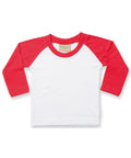 A Larkwood LW25T long-sleeve raglan shirt, featuring a white body with red sleeves, laid flat against a white background.
