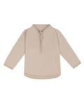 A beige fleece jumper with long sleeves, a half-zip front, standing collar, and rounded hem, laid flat on a white background.