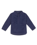 The Fleece is a navy blue long-sleeve jumper with a quarter-zip collar, shown flat on a white background.
