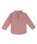 A long-sleeved, light mauve fleece pullover with a collar, V-shaped front opening, and a small tie at the neckline, shown against a plain white background.
