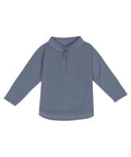 The Fleece is a light grey, long-sleeve pullover with a short stand-up collar and partial front zip, shown on a plain white background.