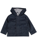 The Larkwood LW35T is a dark blue raincoat for toddlers, featuring a hood with a white and gray striped lining, front snap buttons, and two front pockets.