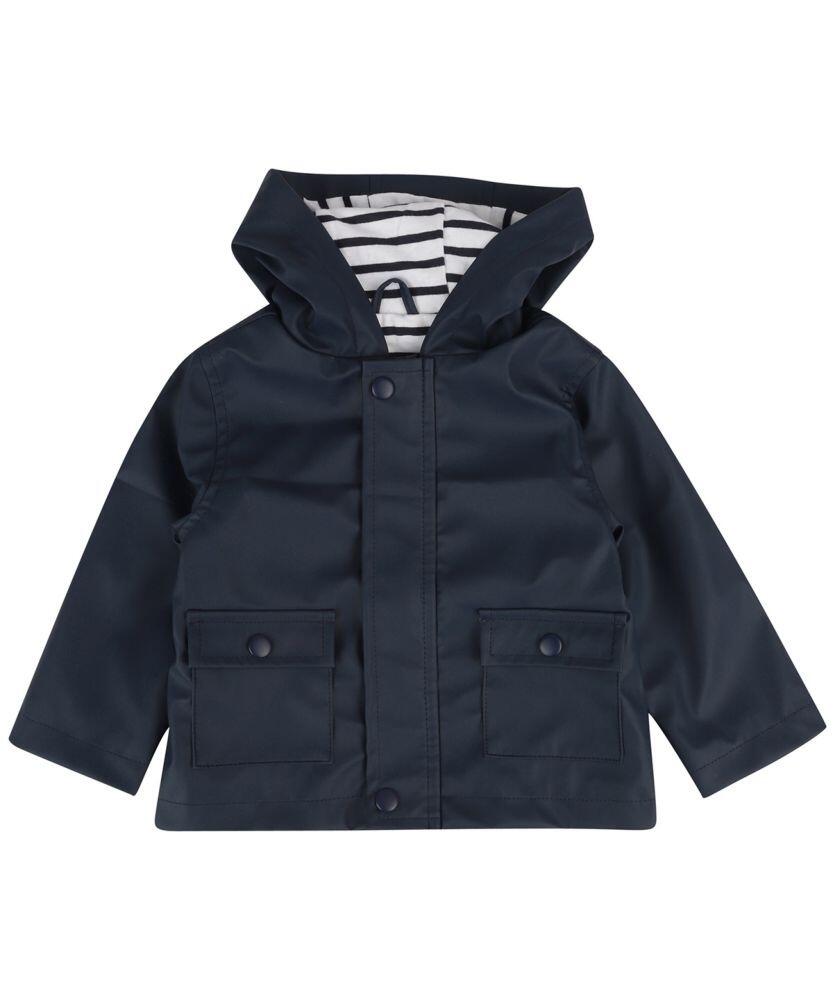 The Larkwood LW35T is a dark blue raincoat for toddlers, featuring a hood with a white and gray striped lining, front snap buttons, and two front pockets.