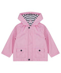 Larkwood's LW35T pink hooded raincoat, featuring a striped lining and front pockets, displayed on a plain background.
