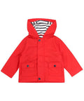 The Larkwood LW35T is a red children's coat with a hood, striped lining, and buttoned pockets.