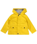 The Larkwood LW35T is a vibrant yellow children's raincoat featuring a hood, black and white striped lining, and two front pockets with black buttons for closure.