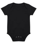 The Larkwood LW500 is a plain black baby onesie featuring short sleeves and three snaps at the crotch.