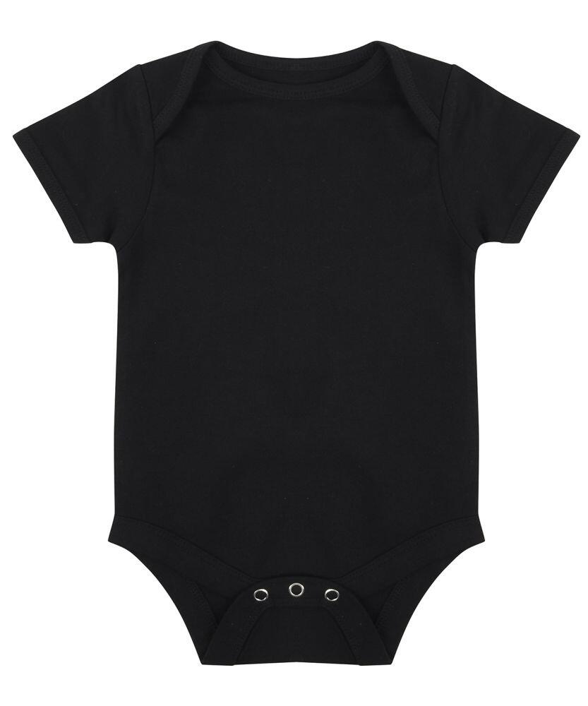 The Larkwood LW500 is a plain black baby onesie featuring short sleeves and three snaps at the crotch.