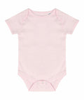 A short-sleeved light pink onesie with snap buttons at the bottom for closure, the Larkwood LW500.