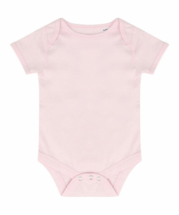 A short-sleeved light pink onesie with snap buttons at the bottom for closure, the Larkwood LW500.