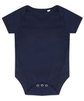 The Larkwood LW500 is a simple navy blue baby onesie featuring short sleeves and three snap closures at the bottom.