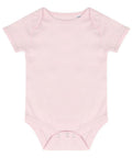 Introducing the LW500 by Larkwood: a light pink baby onesie featuring short sleeves and snap closures at the bottom. Its simple design makes it perfect for everyday wear, set against a clean white background.