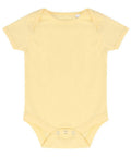 The Larkwood LW500 light yellow baby onesie, featuring short sleeves and snap buttons at the bottom, is laid flat against a white background.