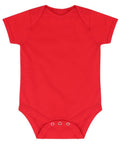 A Larkwood LW500 baby bodysuit in a plain red design, featuring short sleeves and three snap buttons at the bottom.
