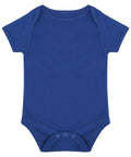 A plain blue short-sleeve baby onesie from Larkwood, model LW500, featuring snaps at the bottom.