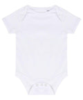 The LW500 is a white baby bodysuit by Larkwood, featuring short sleeves and three snap buttons at the bottom. It is displayed laid flat on a plain background.