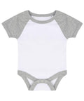 The Larkwood LW502 is a baby onesie featuring a white body with gray short sleeves, a round neckline, and convenient snap closures at the bottom.