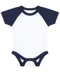 The Larkwood LW502 is a short-sleeve baby bodysuit featuring a white center with navy blue sleeves and trim.