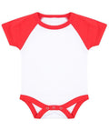 The Larkwood LW502 is a white baby onesie with red trim and short sleeves, designed with three snap buttons at the bottom.