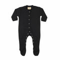 The Larkwood LW50T is a black long-sleeve baby onesie featuring snap closures down the front and legs.